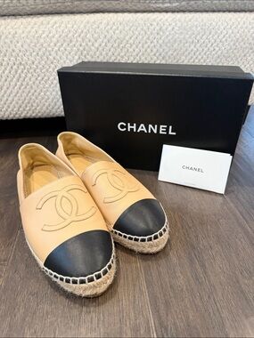 CHANEL Beige Leather Espadrilles with Black Toe Cap